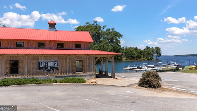 view of building exterior with a water view