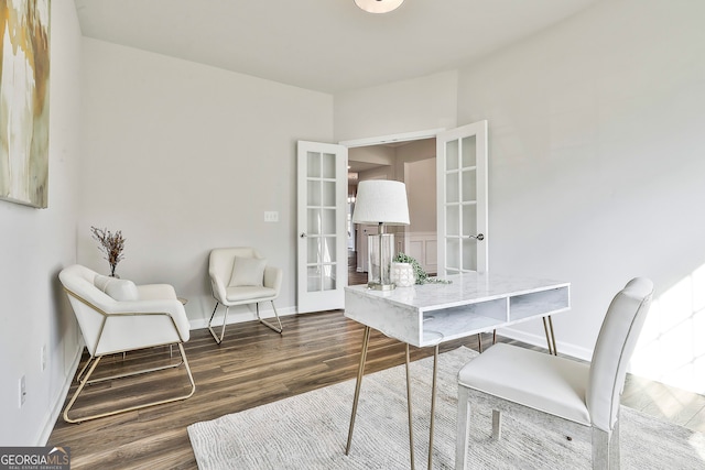 office area featuring french doors and dark hardwood / wood-style flooring