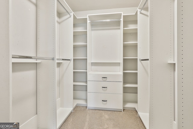 walk in closet featuring light colored carpet