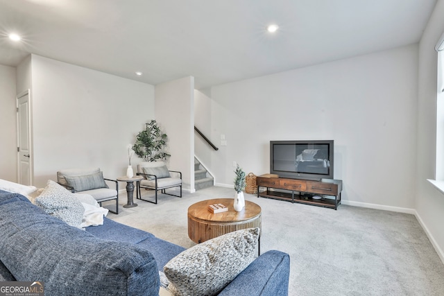 living room with light colored carpet