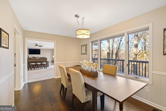 dining space featuring a wainscoted wall and dark wood-type flooring