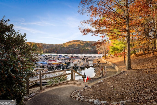 view of dock with a mountain view