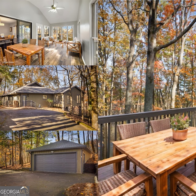 exterior space featuring a detached garage, an outbuilding, outdoor dining space, and a ceiling fan