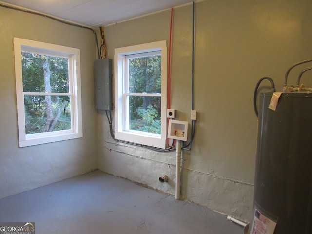 interior space with concrete flooring, electric panel, and water heater