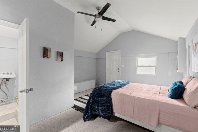 bedroom featuring light carpet, ceiling fan, and lofted ceiling