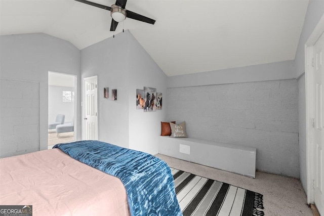 bedroom with light carpet, high vaulted ceiling, and ceiling fan