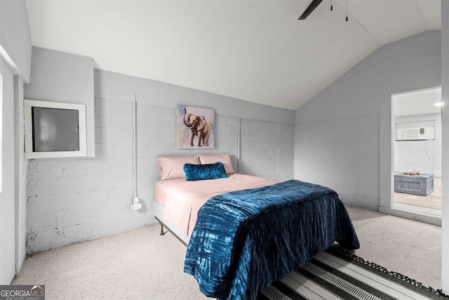 bedroom featuring a wall unit AC, ceiling fan, and lofted ceiling