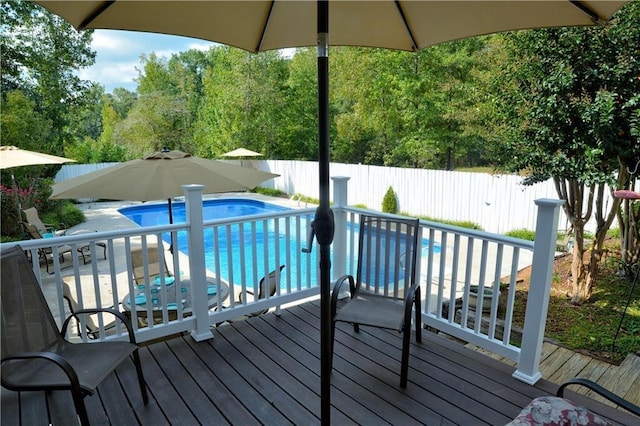 wooden terrace with a fenced in pool