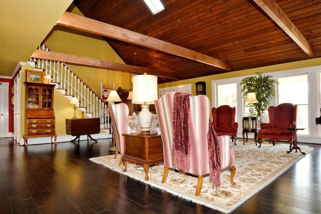 living room featuring vaulted ceiling with beams, dark hardwood / wood-style floors, and wooden ceiling