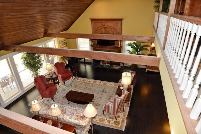 living room with hardwood / wood-style floors and lofted ceiling