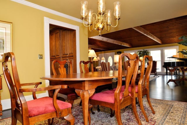 dining space with crown molding, a notable chandelier, beam ceiling, wood-type flooring, and wood ceiling