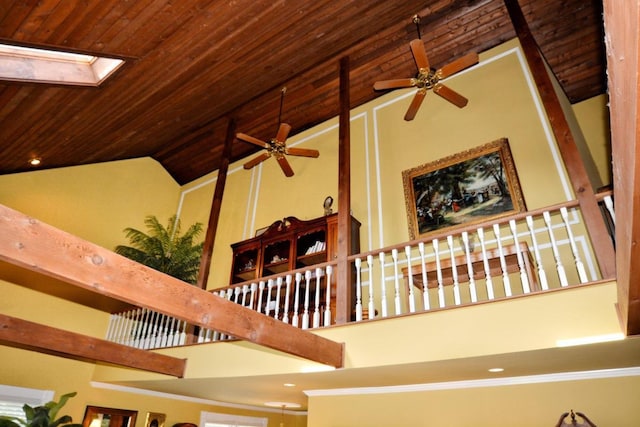 details featuring a skylight, ceiling fan, and wood ceiling