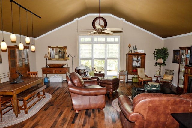 living room featuring ceiling fan, dark wood-type flooring, lofted ceiling, and ornamental molding