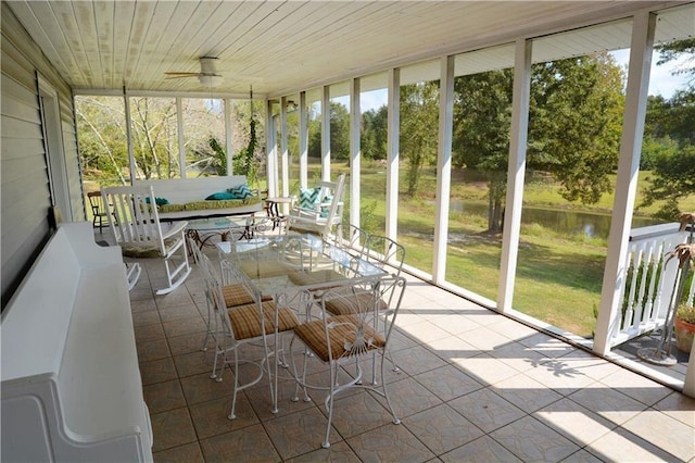 unfurnished sunroom with plenty of natural light, a water view, and wood ceiling