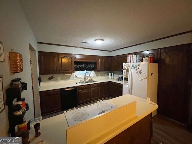 kitchen featuring dark hardwood / wood-style flooring, dark brown cabinetry, sink, dishwasher, and white fridge with ice dispenser