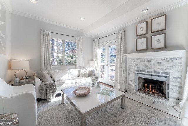 111 Swanton Hill Ct, Decatur, GA 30030 - living area featuring a fireplace, recessed lighting, french doors, and ornamental molding