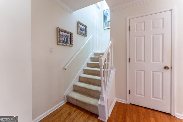 111 Swanton Hill Ct, Decatur, GA 30030 - stairway featuring baseboards, wood finished floors, and crown molding