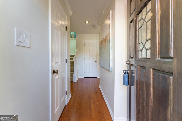 111 Swanton Hill Ct, Decatur, GA 30030 - hallway with crown molding, recessed lighting, wood finished floors, and baseboards