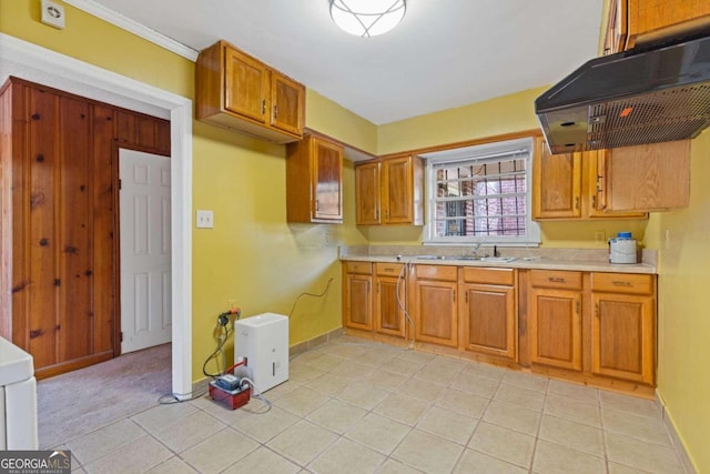 kitchen with light tile patterned flooring, crown molding, and sink