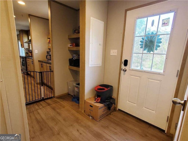 entryway featuring electric panel and light hardwood / wood-style flooring