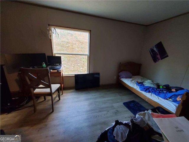 bedroom with crown molding and light hardwood / wood-style flooring