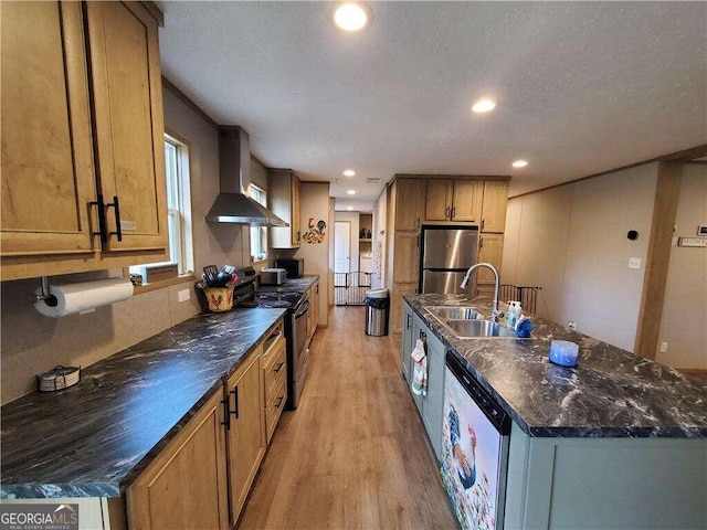 kitchen with sink, wall chimney exhaust hood, stainless steel appliances, light hardwood / wood-style flooring, and a center island with sink