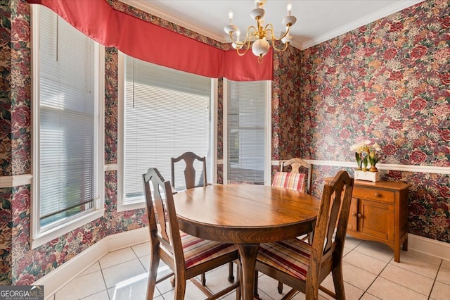 dining room with light tile patterned floors, a wealth of natural light, crown molding, and a notable chandelier