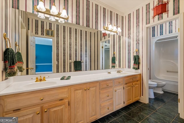 full bathroom featuring vanity, bathing tub / shower combination, toilet, and crown molding