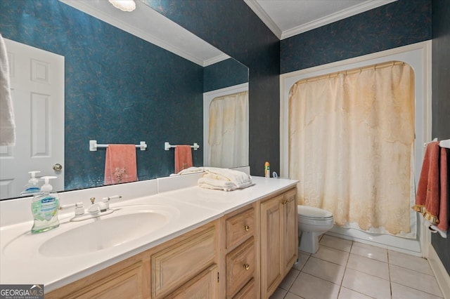 full bathroom with tile patterned flooring, vanity, toilet, and ornamental molding