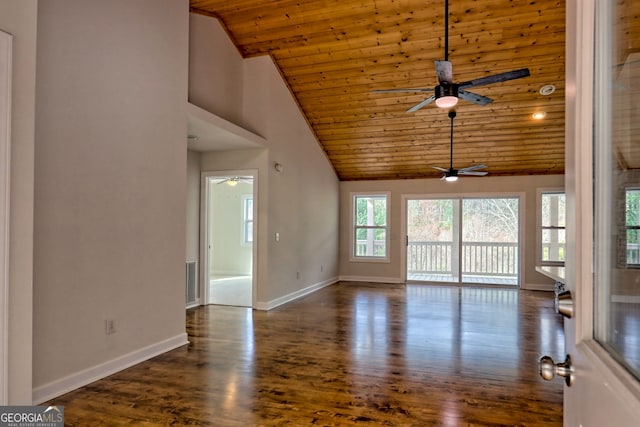 unfurnished living room with high vaulted ceiling, wood ceiling, and dark hardwood / wood-style floors