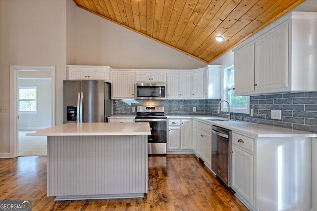 kitchen featuring appliances with stainless steel finishes, wood ceiling, sink, dark hardwood / wood-style floors, and white cabinetry