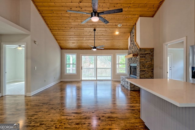 4502 Ramsay Dr, Hiawassee, GA 30546 - unfurnished living room with a ceiling fan, wood ceiling, high vaulted ceiling, dark wood-style flooring, and baseboards