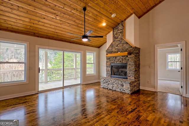 4502 Ramsay Dr, Hiawassee, GA 30546 - unfurnished living room with wooden ceiling, a stone fireplace, high vaulted ceiling, wood finished floors, and a ceiling fan