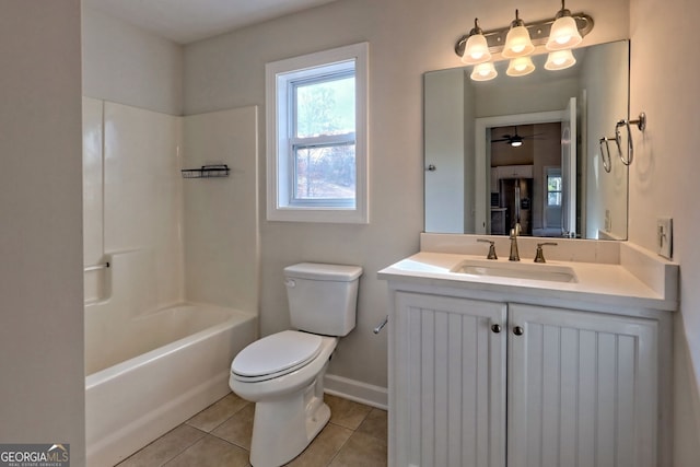 4502 Ramsay Dr, Hiawassee, GA 30546 - bathroom featuring tile patterned flooring, toilet, vanity, shower / washtub combination, and ceiling fan