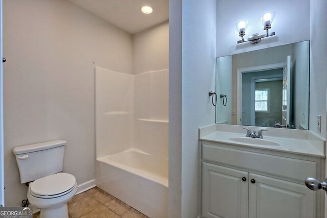 full bathroom featuring tile patterned floors, vanity, ceiling fan, shower / bathing tub combination, and toilet