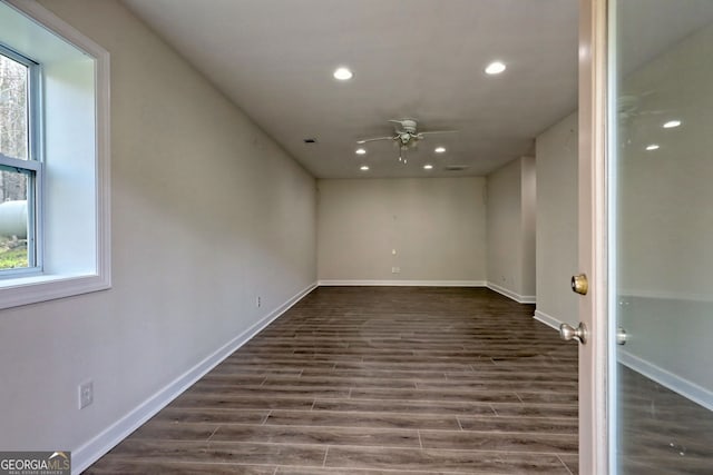 4502 Ramsay Dr, Hiawassee, GA 30546 - empty room with ceiling fan, plenty of natural light, recessed lighting, baseboards, and dark wood-style flooring