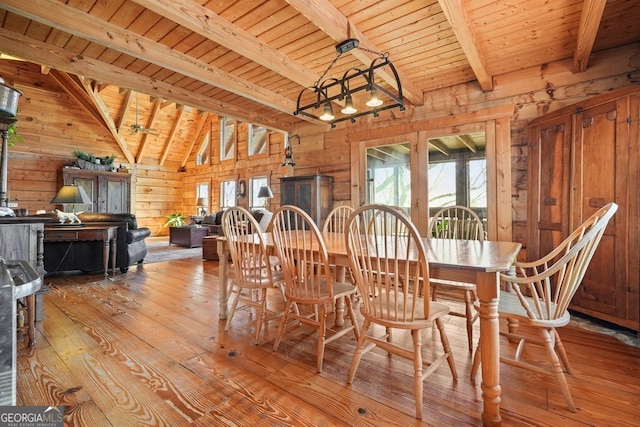 dining space with vaulted ceiling with beams, light wood-type flooring, wood walls, and wooden ceiling