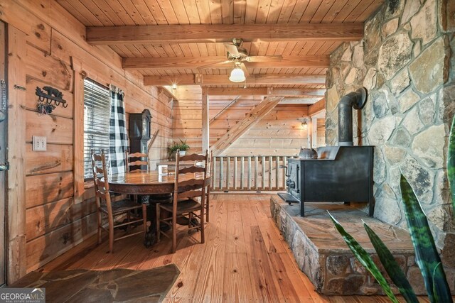 interior space featuring vaulted ceiling with beams, light wood-style floors, wooden ceiling, and wood walls