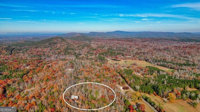 aerial view featuring a mountain view and a view of trees