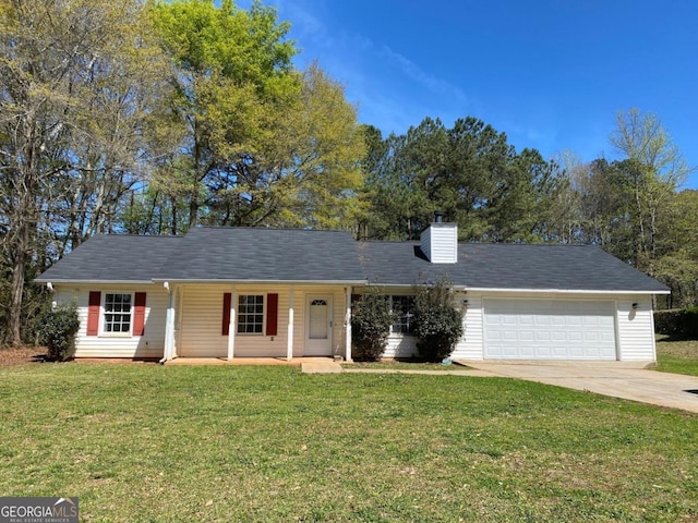 ranch-style house with a front yard, a porch, and a garage