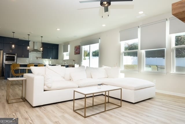 living room with ceiling fan and light hardwood / wood-style floors