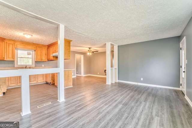 kitchen featuring ceiling fan, light brown cabinets, a textured ceiling, and light hardwood / wood-style flooring