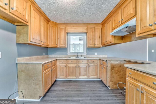 kitchen featuring a textured ceiling, heating unit, ceiling fan, sink, and dark hardwood / wood-style floors