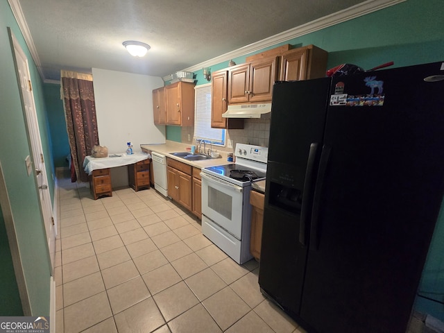 kitchen featuring light tile patterned floors, white appliances, ornamental molding, and sink