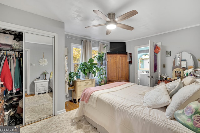 bedroom with ceiling fan and crown molding