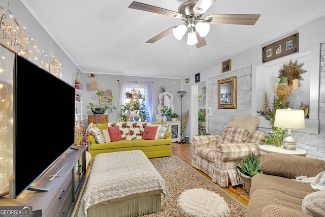 living room with hardwood / wood-style flooring, ceiling fan, ornamental molding, and a textured ceiling