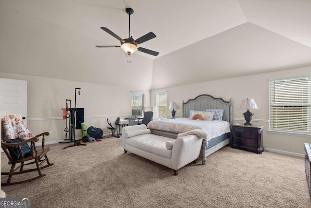 carpeted bedroom featuring ceiling fan and lofted ceiling