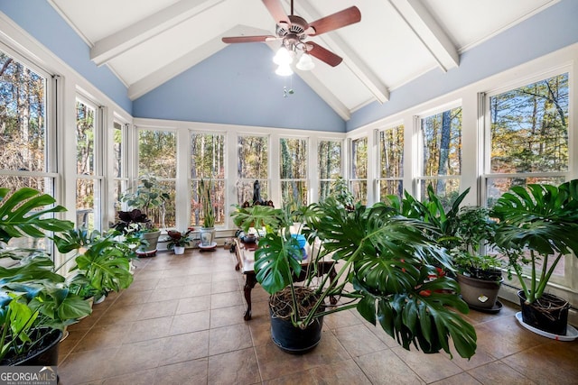 sunroom / solarium featuring lofted ceiling with beams and ceiling fan