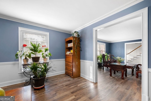 interior space featuring crown molding and dark wood-type flooring