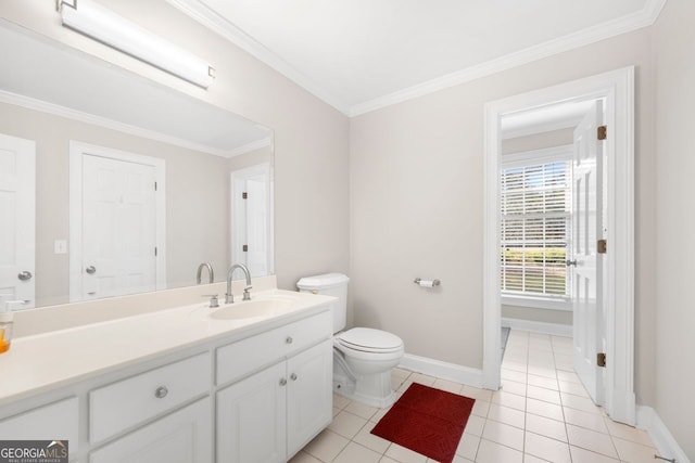 bathroom with tile patterned flooring, vanity, toilet, and crown molding